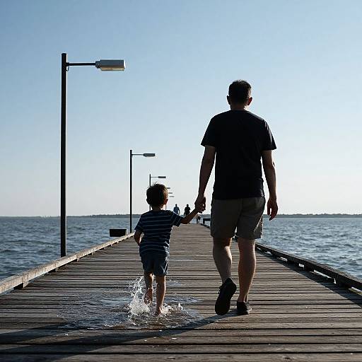Photograph of a man and young boy holding hands, walking on a wooden pier with splashing water, bright sunlight, and clear sky.