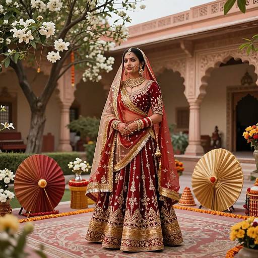 Photograph of a beautiful Indian bride in a red and gold traditional saree, standing in a decorated courtyard with umbrellas and flowers.