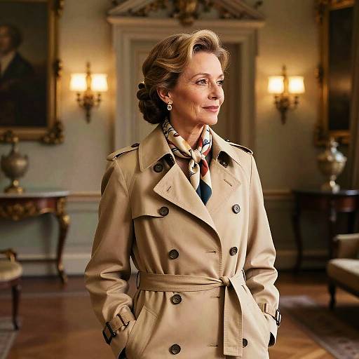 Photograph of an elegant middle-aged woman in a beige trench coat, with short, wavy brown hair, standing in a warmly lit, ornate