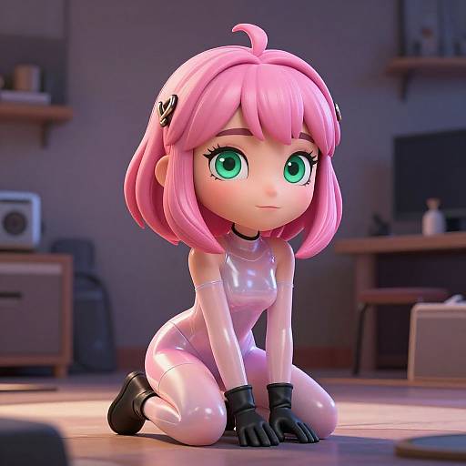 CGI anime-style girl with pink hair, green eyes, and a shiny white latex outfit, kneeling on wooden floor in dimly lit room.
