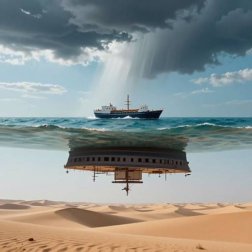 Photograph of a beach with golden sand, reflecting a ship in the ocean under dramatic, sunlit clouds. Ship in mid-ground, waves gently crashing