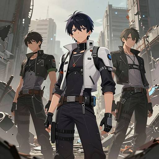Digital anime artwork of three black-haired, blue-eyed male characters in black and white tactical gear, standing in a ruined, sunlit urban alley.