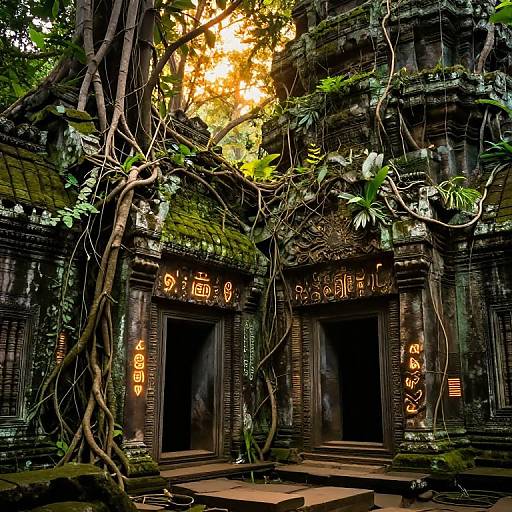Photograph of an ancient, moss-covered temple entrance with vines, illuminated by golden sunlight filtering through leaves, featuring glowing Chinese characters.