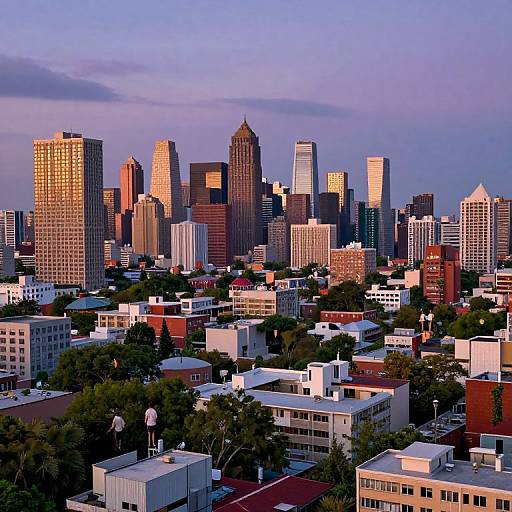 Photograph of a city skyline at sunset, featuring a mix of modern skyscrapers and smaller buildings, with a vibrant blue and purple sky.