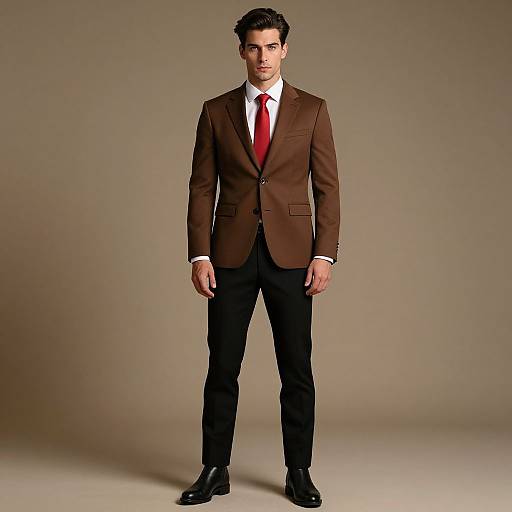 Photograph of a handsome, dark-haired man in a brown suit with a red tie, white shirt, and black pants, standing against a plain beige