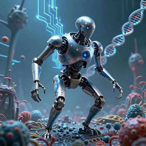 Futuristic Nanobot Warrior in Microscopic Battlefield