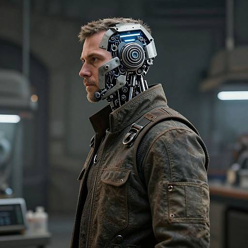 Photorealistic CGI of a man with a cybernetic head, wearing a dark green jacket, in a dimly lit, industrial setting.
