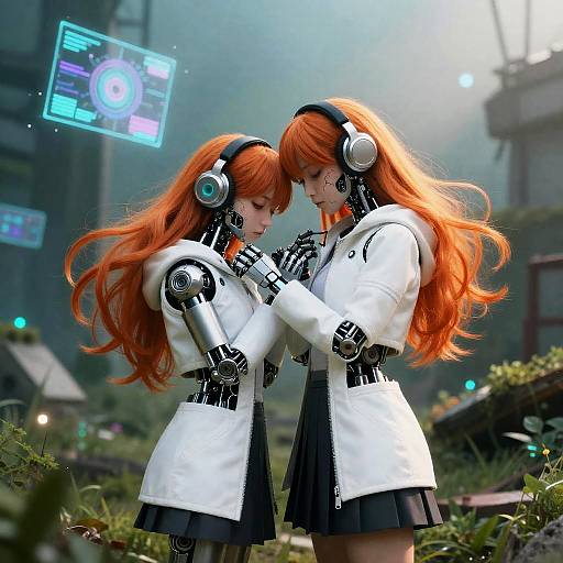 Digital art of two robotic, red-haired women in white jackets and black skirts, touching hands, wearing headphones, in a futuristic, misty garden.