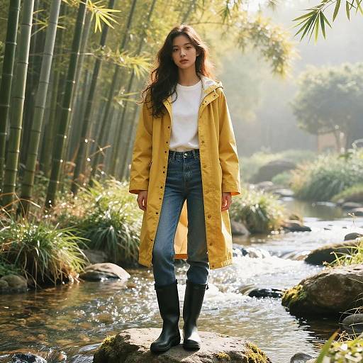 Woman in Yellow Raincoat by Bamboo Stream