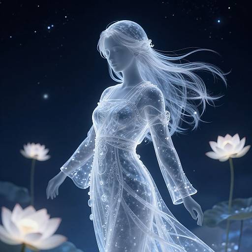 Digital art of a glowing, ethereal woman in a translucent, star-studded dress, floating among glowing lotus flowers under a starry night sky