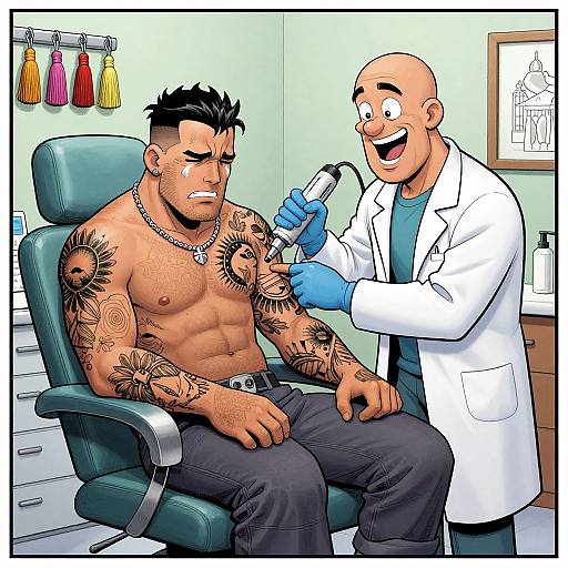 Cartoon of muscular, tattooed man sitting shirtless in chair, receiving tattoo removal treatment from smiling, bald doctor in lab coat.