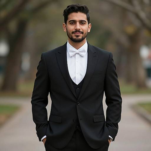 Photograph of a bearded man with dark hair, wearing a black suit, white shirt, and bow tie, standing confidently on a blurred park path