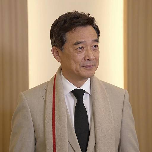 Middle-aged man in beige suit and scarf