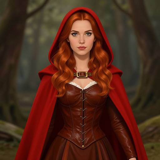 Digital art of a red-haired woman in a red hooded cloak and brown corset, standing in a forest, with a focused expression.