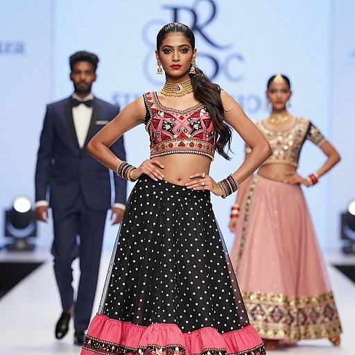 Confident Female Model in Indian-Inspired Fashion on Runway
