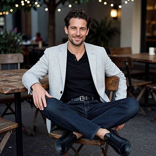 Photograph of a smiling, dark-haired man in a white blazer, black shirt, and jeans, sitting cross-legged at an outdoor café.