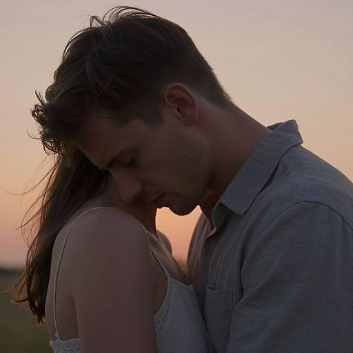 Photograph of a couple in silhouette at sunset; man in grey shirt, woman in white dress, head leaning against his, soft pink-orange sky background