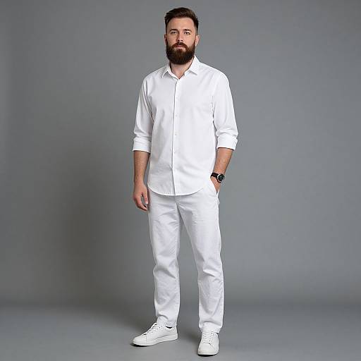 Bearded Man in Casual White Outfit
