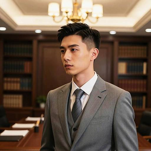 Male Lawyer with Modern Comb Over Hairstyle in Law Library