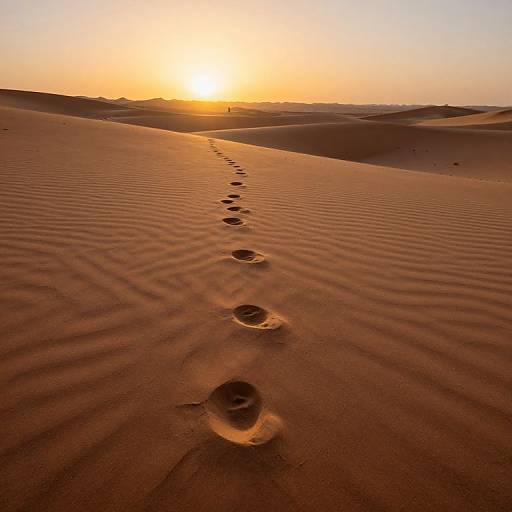 Photograph of a golden sunset over rippled desert sand dunes, with a single, winding trail of footprints leading into the horizon.