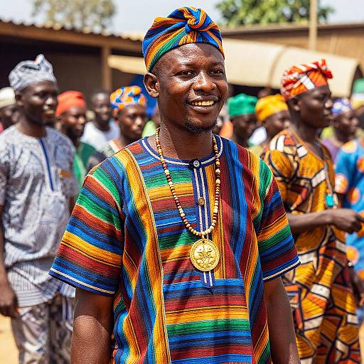 Photograph of a smiling African man in a colorful, striped shirt and headwrap, wearing a gold pendant, surrounded by others in vibrant traditional attire at