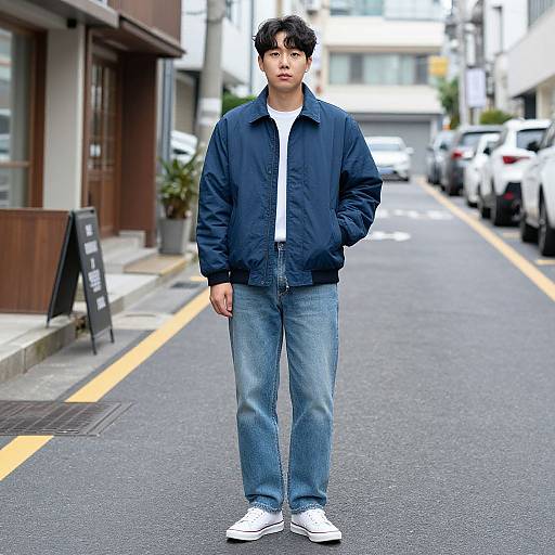 Photograph of an Asian man standing on a street, wearing a navy jacket, white shirt, blue jeans, and white sneakers, with a cityscape