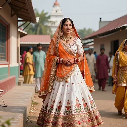 Photograph of a South Asian bride in an orange and white embroidered saree with gold jewelry, standing on a street with blurred background of people in traditional