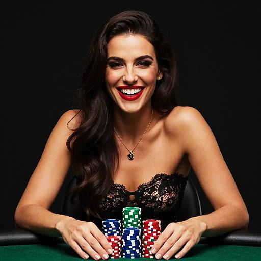 Photograph of a smiling, dark-haired woman in black lace bustier, holding colorful poker chips, against a black background.