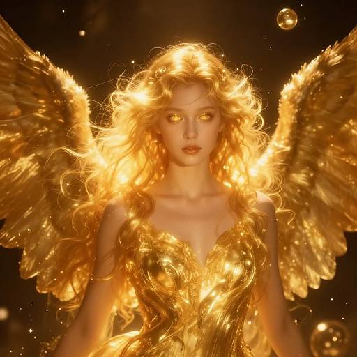 Digital art of a glowing, golden-winged woman with fiery blonde hair and radiant golden dress, set against a dark background.