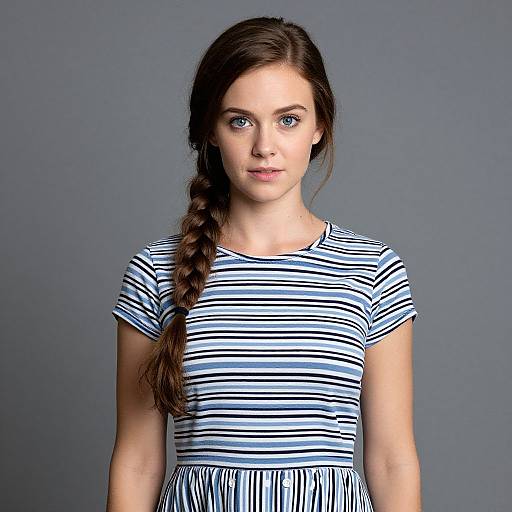Photograph of a young woman with fair skin, blue eyes, and brown hair in a braid, wearing a blue and white striped shirt against a