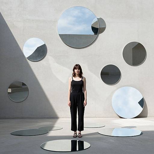 Photograph of a woman in black sleeveless top and pants, standing in front of a minimalist, white wall with large, reflective circles. Bright sunlight
