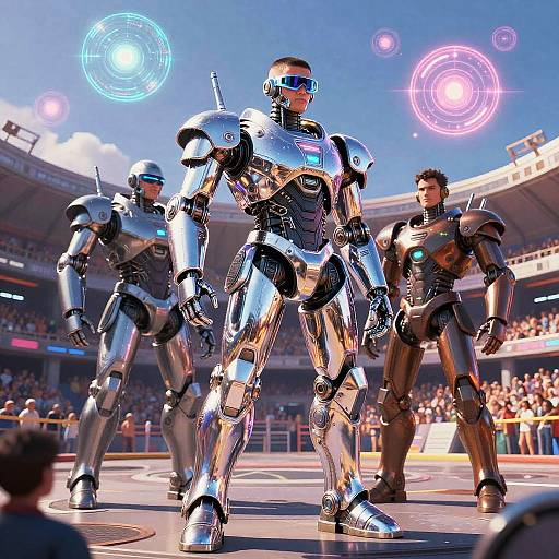 CGI image of three futuristic, silver and black robot warriors standing in a stadium under bright, colorful holographic lights.