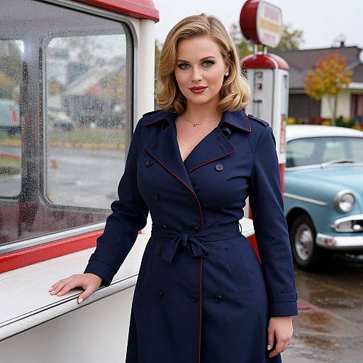 Vintage 1950s Woman at Rainy Gas Station
