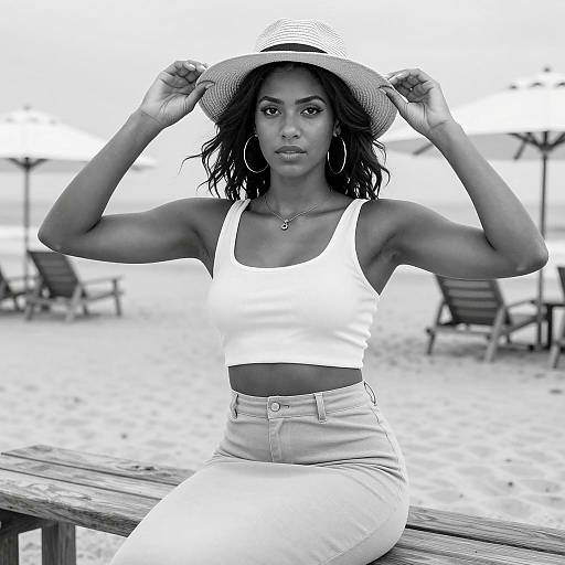 Woman on Beach Wearing Straw Hat