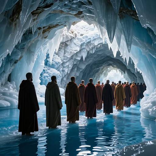 Photograph of a group of robed monks standing in icy, blue-lit cave with jagged, glowing ice formations overhead.