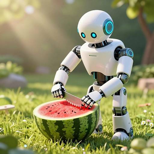 Robot Cutting Watermelon on Grass