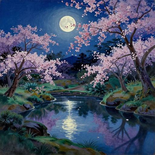 Moonlit night scene with a reflective river, pink cherry blossoms, and a full moon, surrounded by lush greenery and trees. Digital artwork.