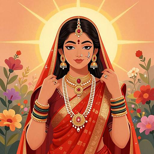 Digital illustration of an Indian bride in a red saree, adorned with gold jewelry, standing in a sunlit flower field.