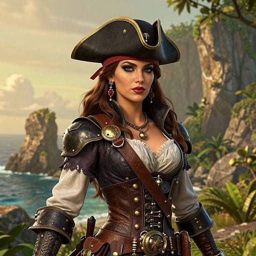 Digital painting of a sexy pirate woman with brown hair, wearing a black tricorn hat, white blouse, leather corset, and brass armor, standing