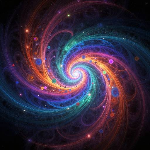 Digital artwork of a vibrant, swirling galaxy with colorful, luminous spirals in blue, orange, and red, dotted with bright, glowing orbs.