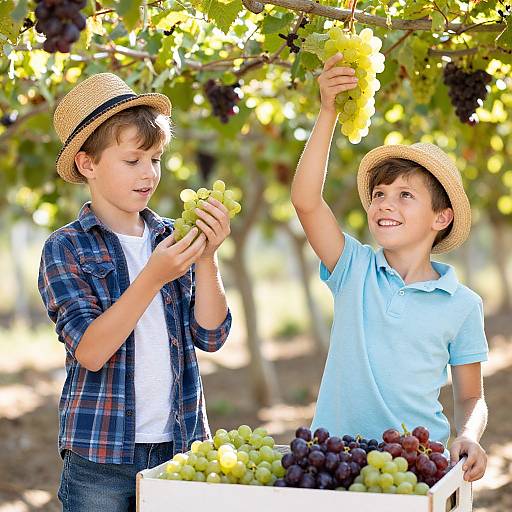 Sibling Harvesting Grapes in Garden