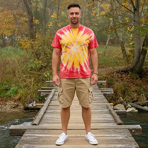Photograph of a bearded man with short dark hair, wearing a tie-dye red-yellow shirt, beige cargo shorts, and white sneakers, standing