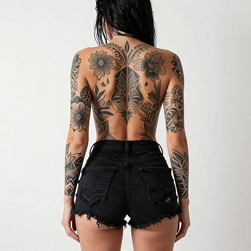 Photograph of a topless woman with dark tattoos on her back and arms, wearing black, frayed denim shorts, standing against a white background.