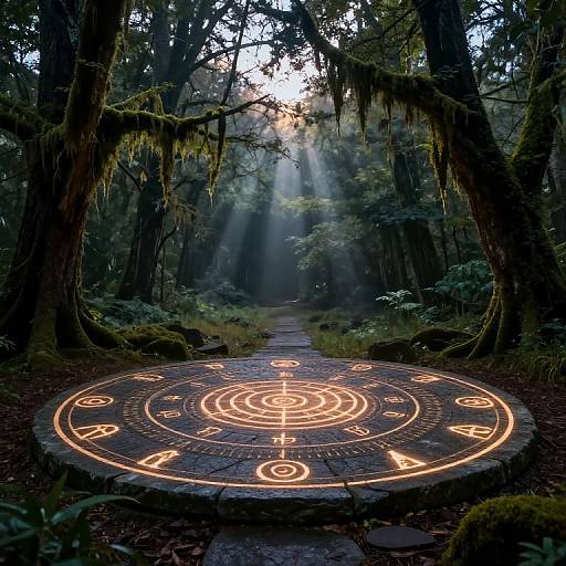 Photograph of a mystical forest with sunlight filtering through trees, illuminating an ancient, glowing circular rune stone on a moss-covered path.