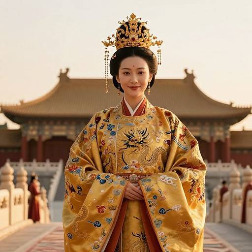 Photograph of an Asian woman in an ornate, yellow, embroidered traditional Chinese dress with intricate dragon designs, standing in front of a grand, traditional