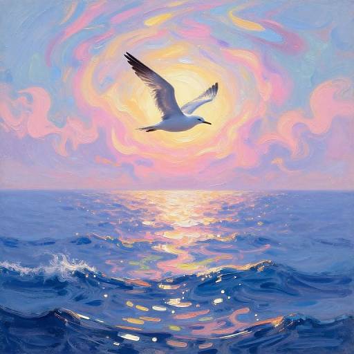 Digital painting of a white bird with outstretched wings flying over a shimmering blue ocean at sunset, surrounded by swirling pink and purple clouds.