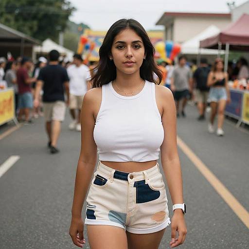 Photograph of a young woman with dark hair, medium skin tone, wearing a white crop top and high-waisted, white shorts with black patches