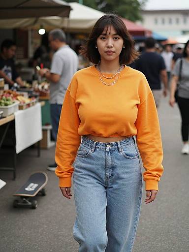 Photograph of a young woman with short black hair, wearing an orange sweater and high-waisted blue jeans, walking in a bustling outdoor market with