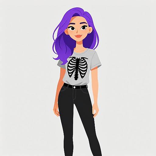 Digital illustration of a young woman with long purple hair, wearing a white t-shirt with a black skeleton print and black jeans, standing against a plain white