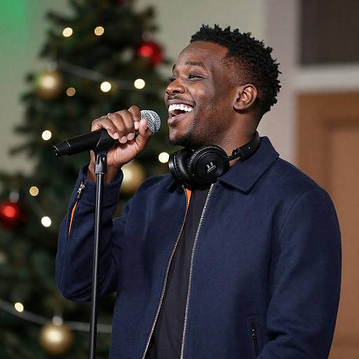 Joyful Black Singer by Christmas Tree